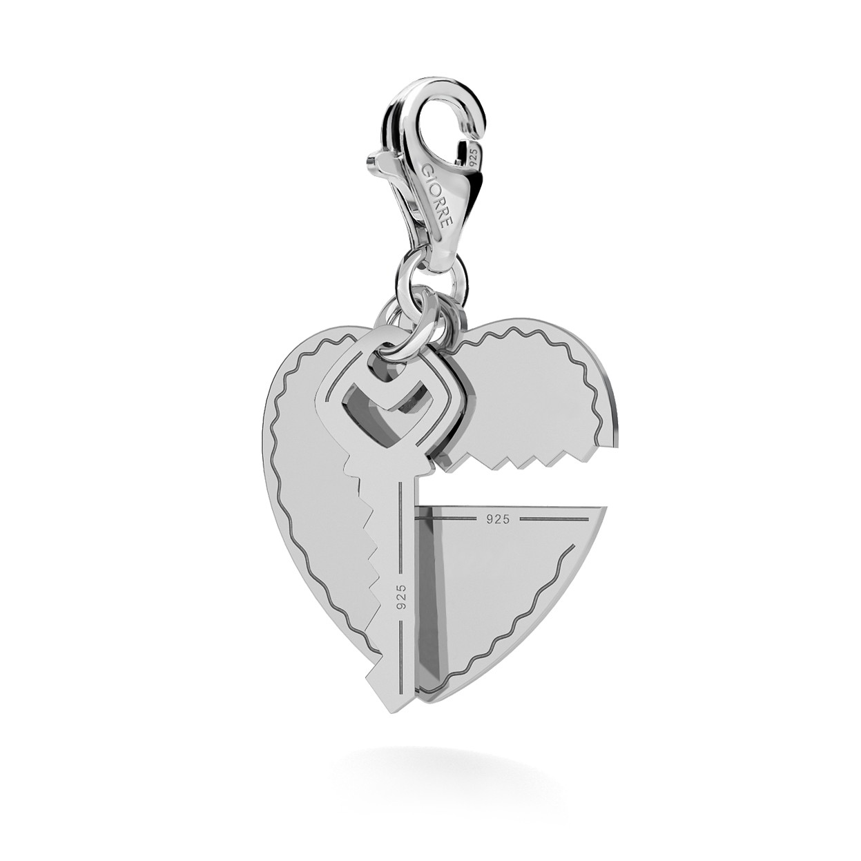 CHARM 108, LOVE HEART WITH KEY, STERLING SILVER (925) RHODIUM OR GOLD PLATED