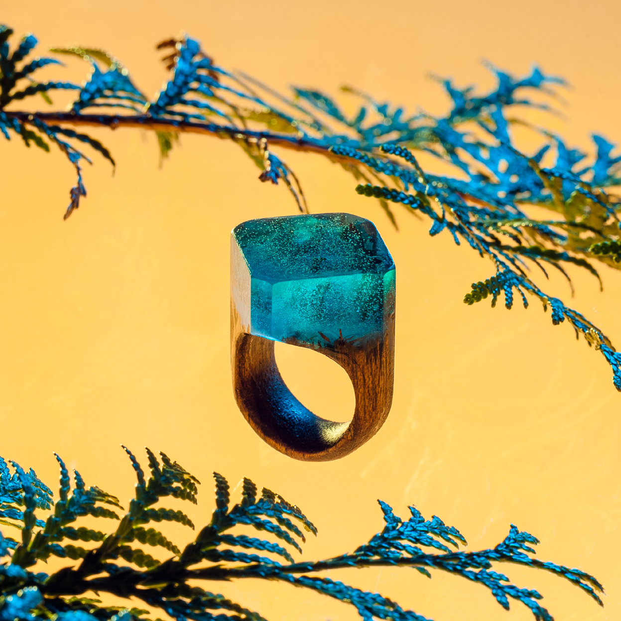 WOODEN RING WITH DARK GREEN RESIN