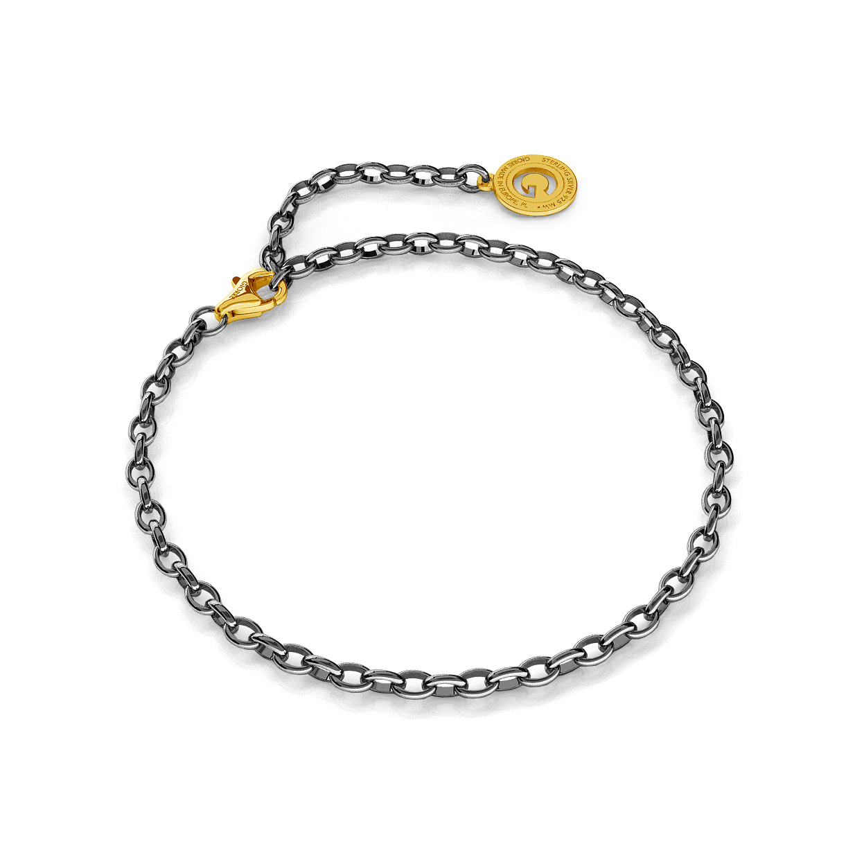 Sterling silver bracelet 16-24 cm black rhodium, yellow gold clasp, link 4x3 mm