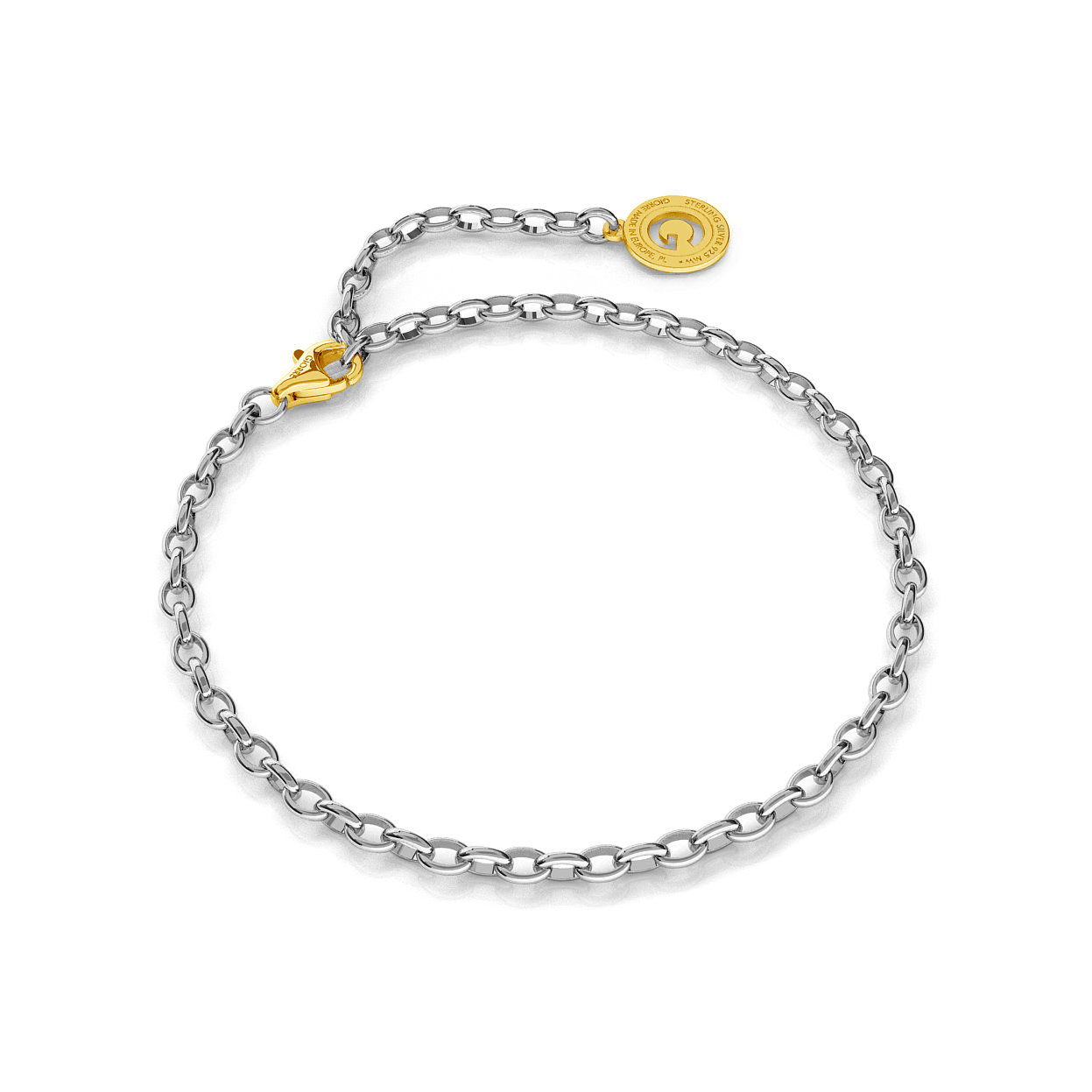 Sterling silver bracelet 16-24 cm light rhodium, yellow gold clasp, link 4x3 mm