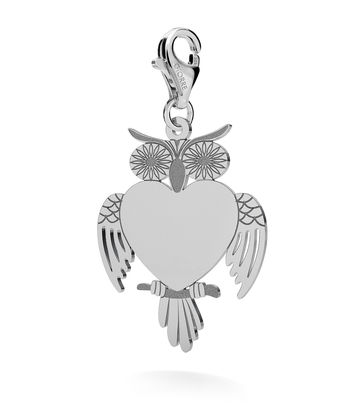 CHARM 121, BIG OWL WITH ENGRAVE, STERLING SILVER (925) RHODIUM OR GOLD PLATED