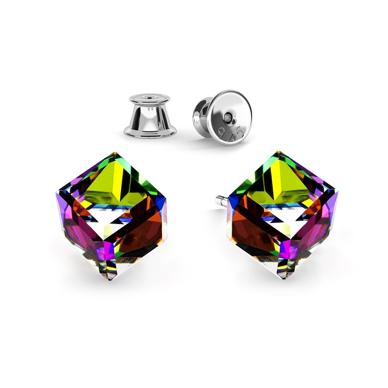 CUBE EARRINGS, SWAROVSKI 4841 MM 6, RHODIUM OR GOLD PLATED