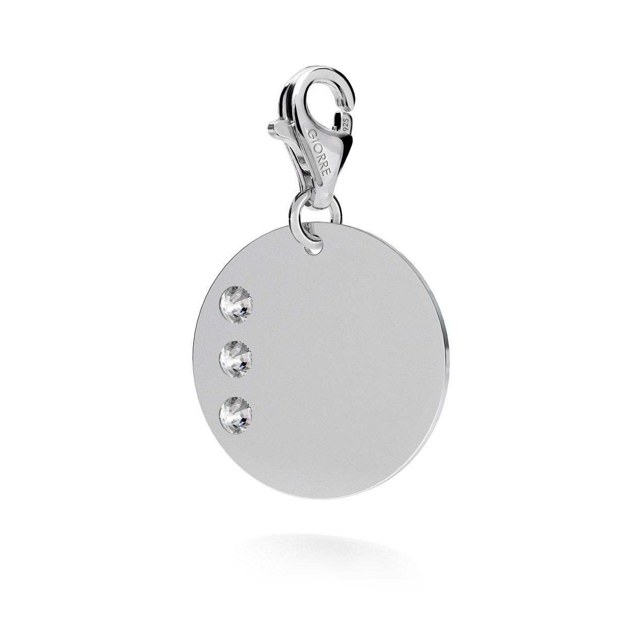 CHARM 131, ROUND DISC NAME WITH ENGRAVE, SWAROVSKI 2038 SS 6, STERLING SILVER (925) RHODIUM OR GOLD PLATE