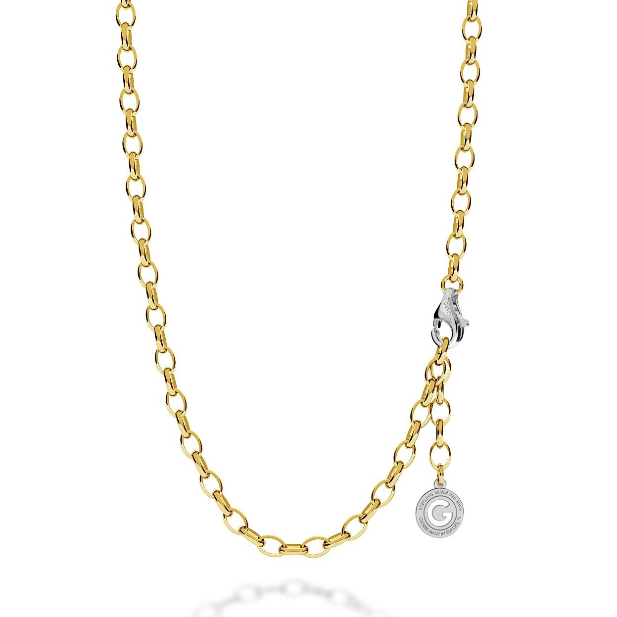 Sterling silver necklace 55-65 cm light rhodium, yellow gold clasp, link 7x5 mm