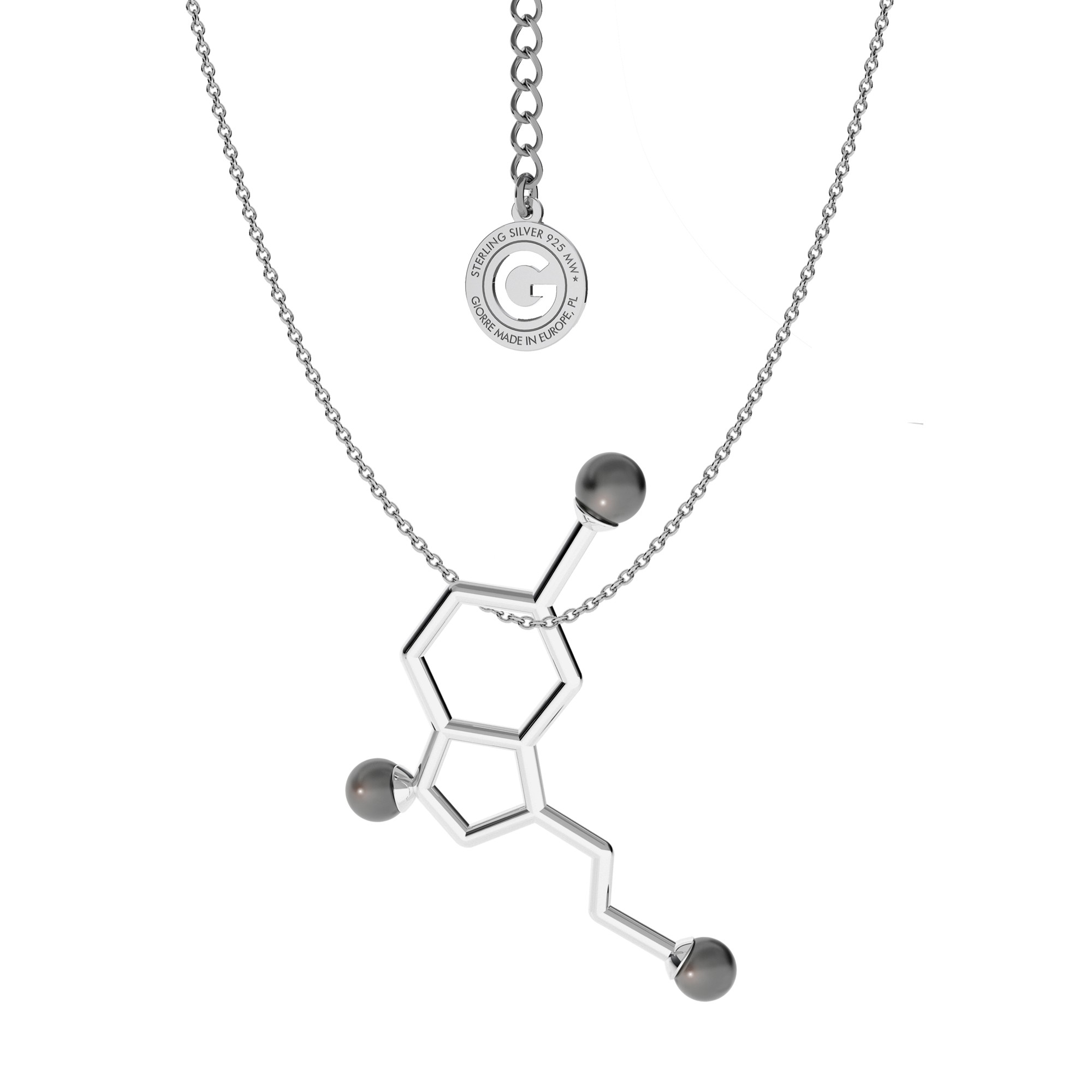 Srebrny naszyjnik SEROTONINA z perłami Swarovskiego, wzór chemiczny 925