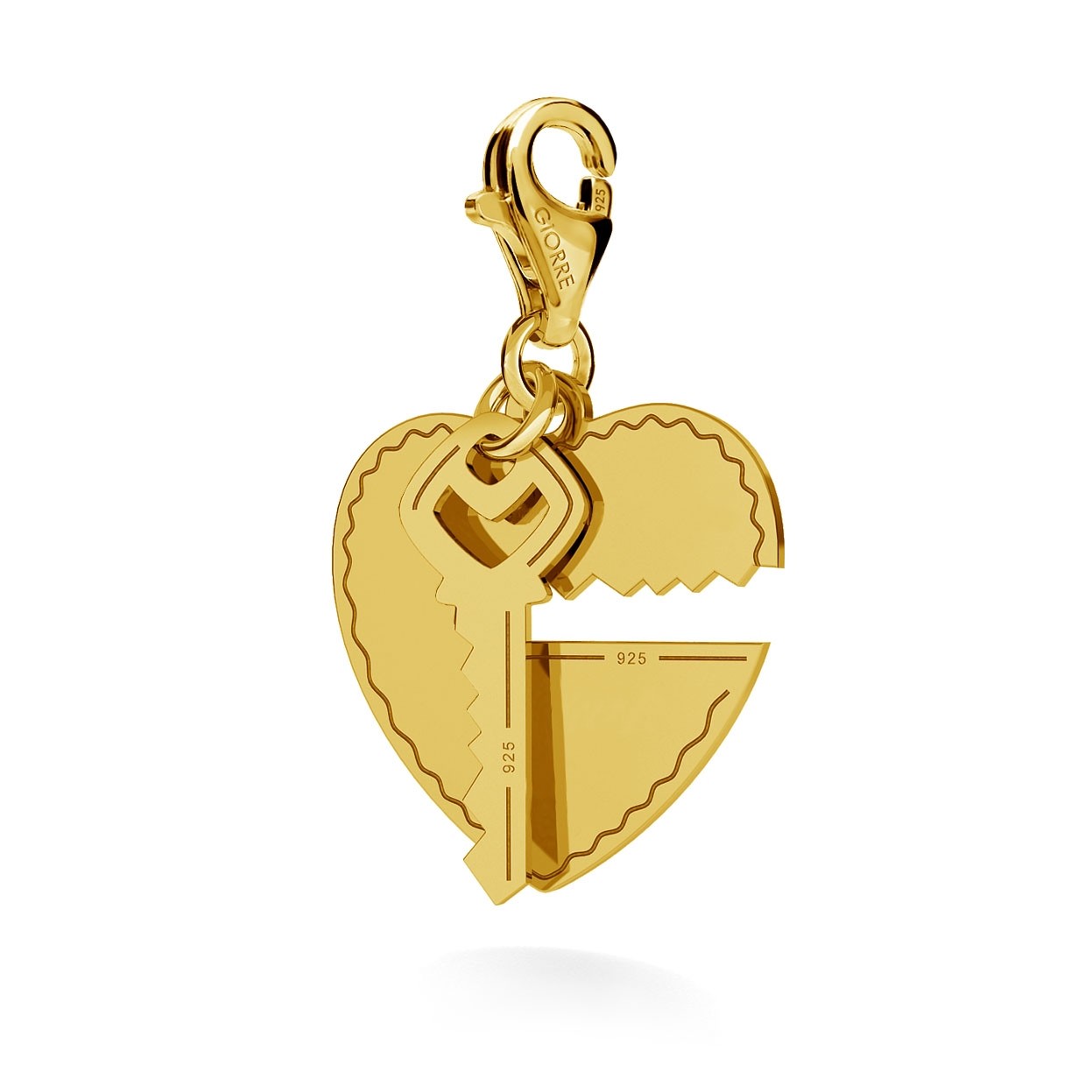 CHARM 108, LOVE HEART WITH KEY, STERLING SILVER (925) RHODIUM OR GOLD PLATED
