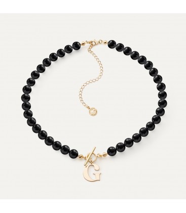 Black pearls choker with letter, silver 925