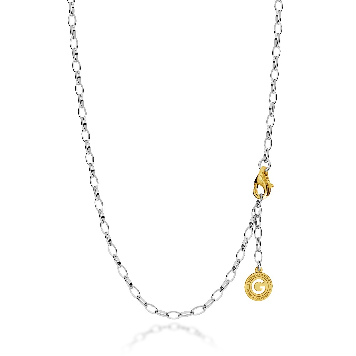 STERLING SILVER NECKLACE 55-65 CM LIGHT RHODIUM, YELLOW GOLD CLASP, LINK 6X4 MM