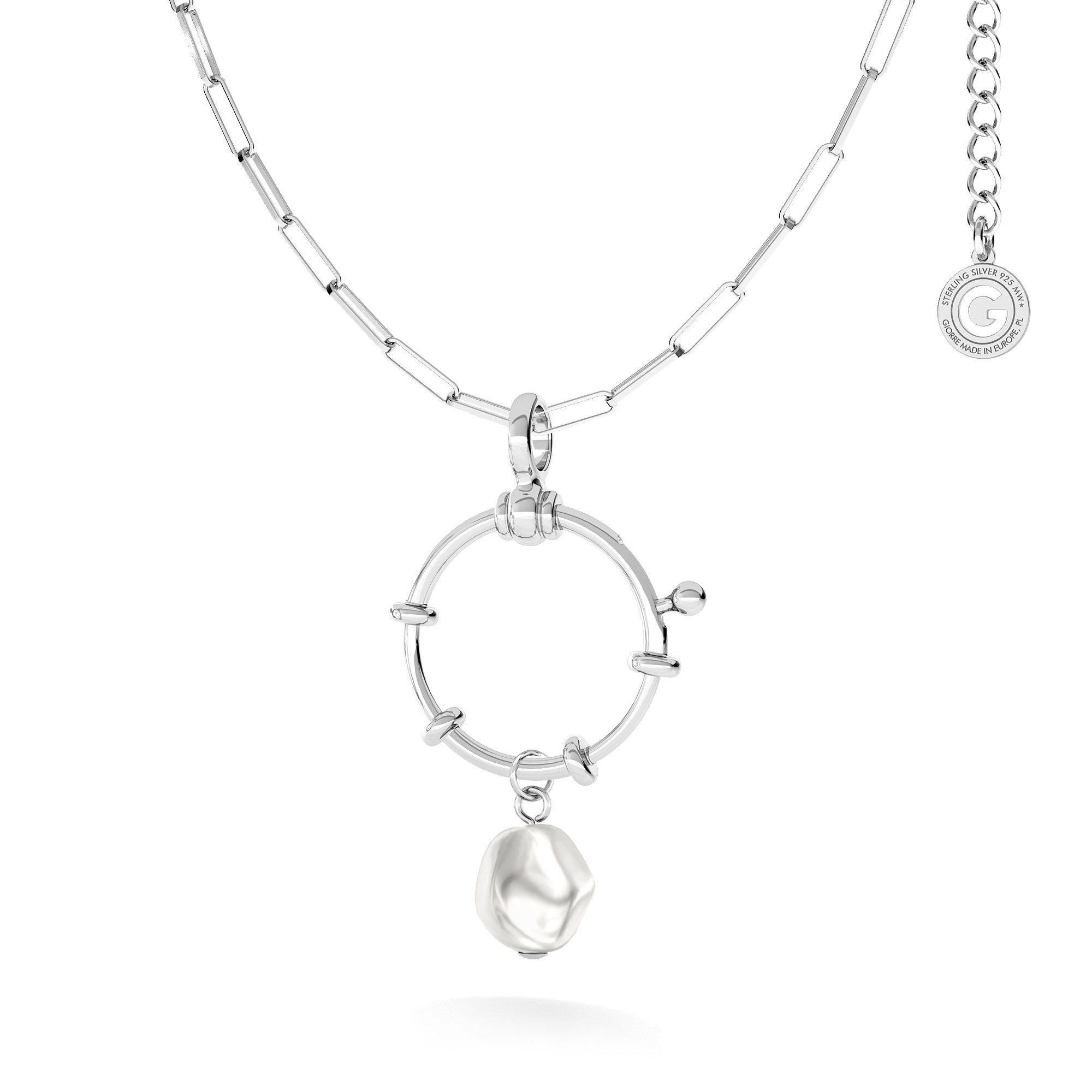 Srebrny naszyjnik ogniwkowy z nieregularną perłą, srebro 925