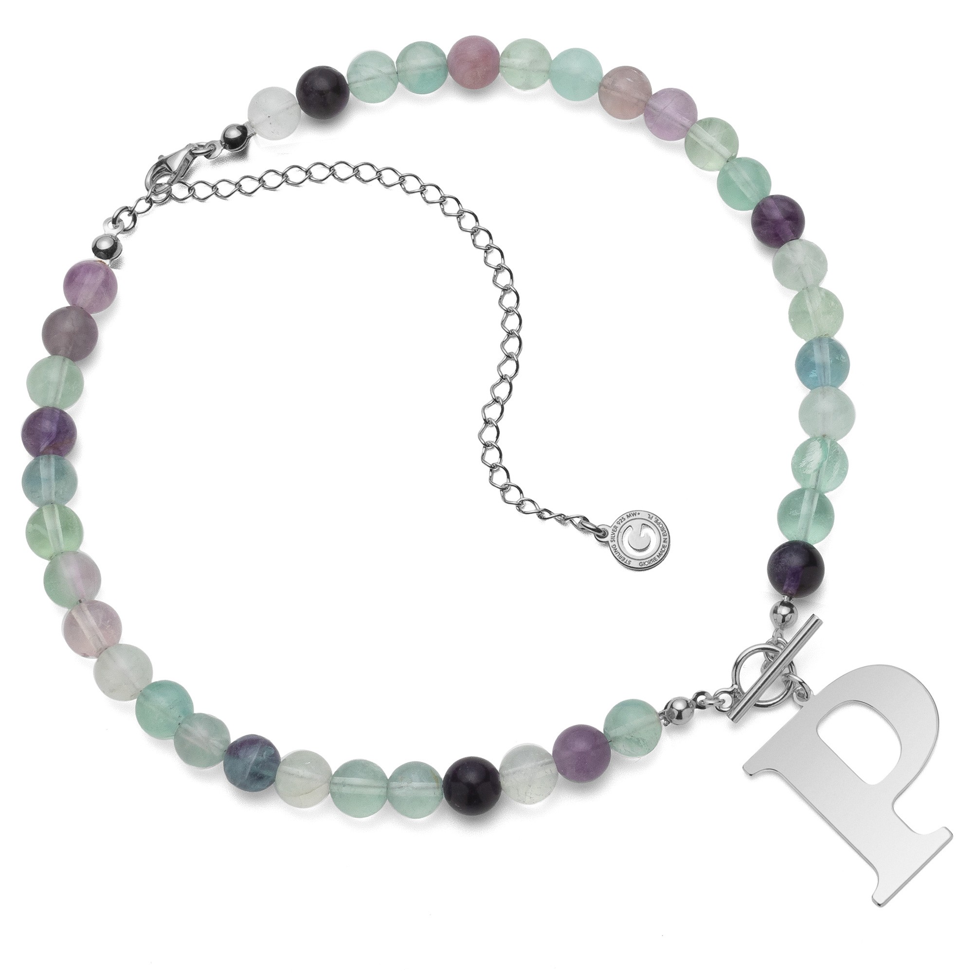 Natural stones moss agate choker with letter, sterling silver 925