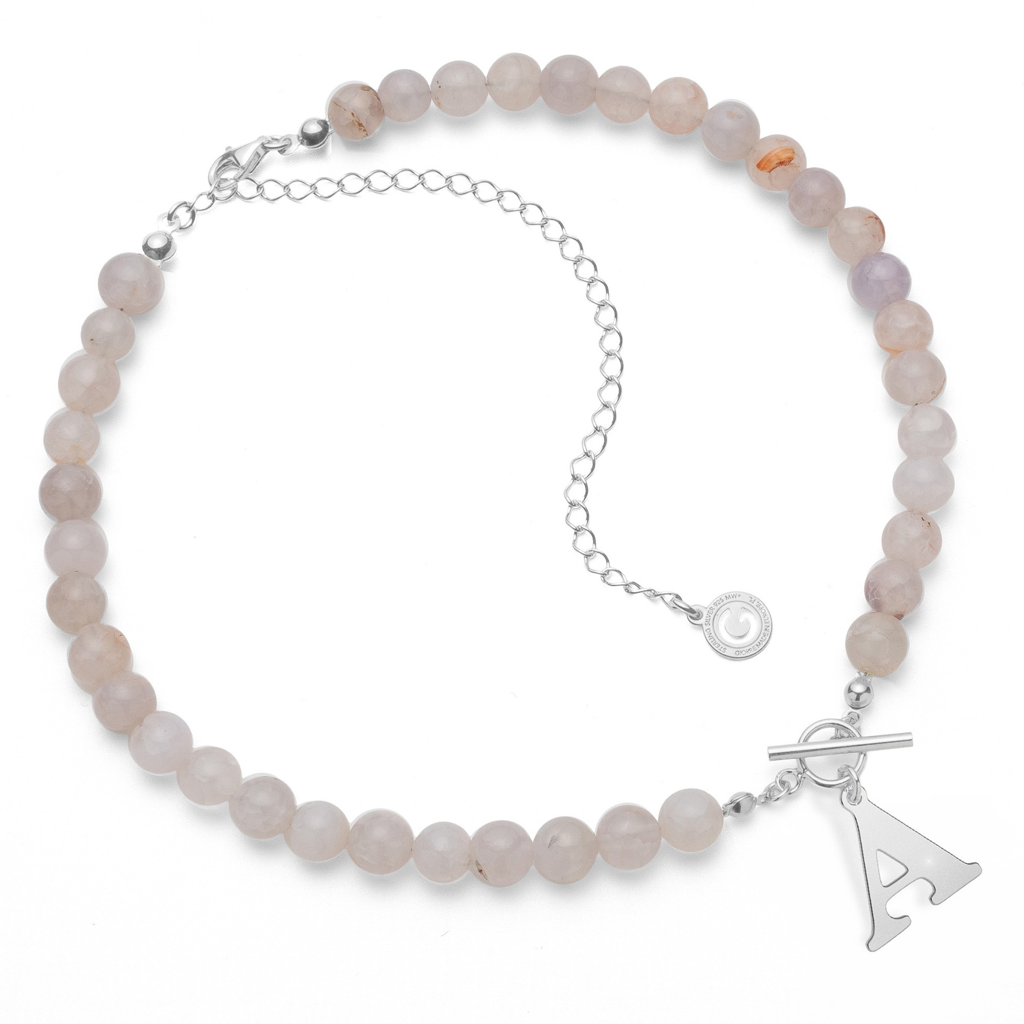 White natural stones agate choker with letter, Silver 925