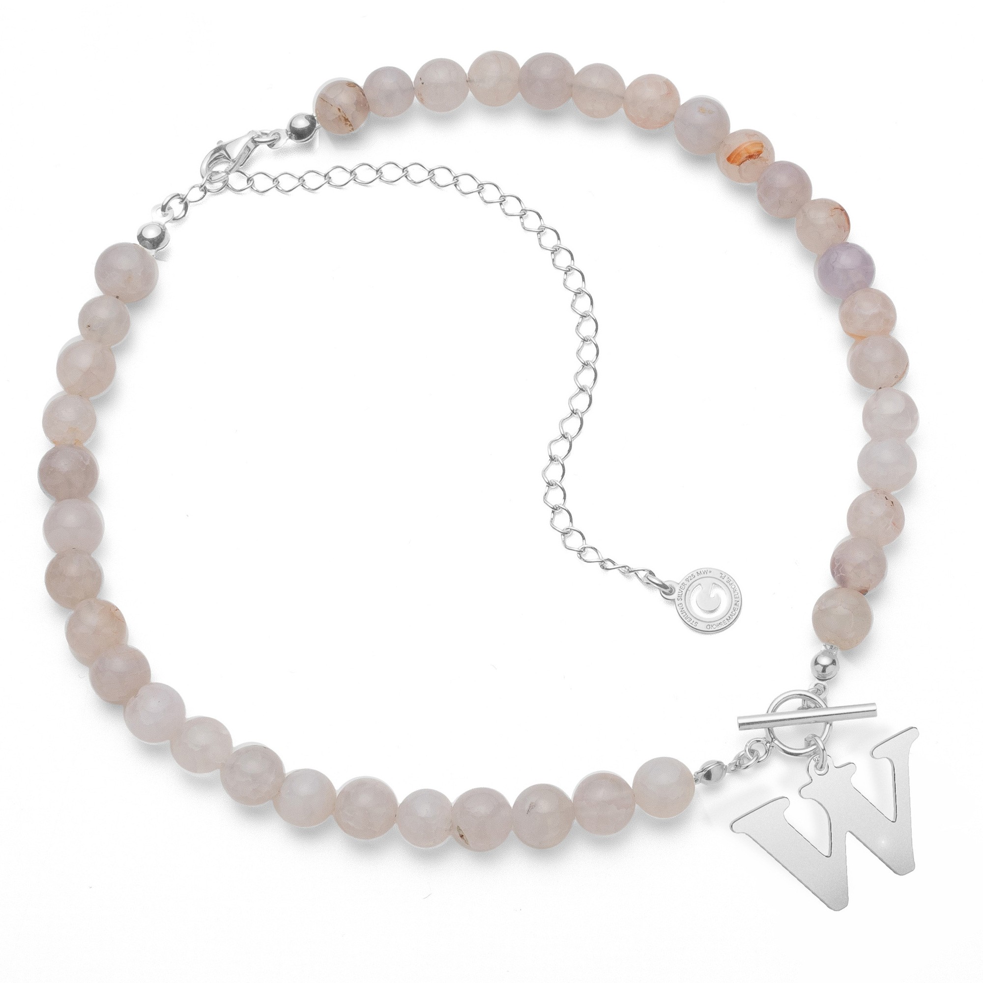 White natural stones agate choker with letter, Silver 925