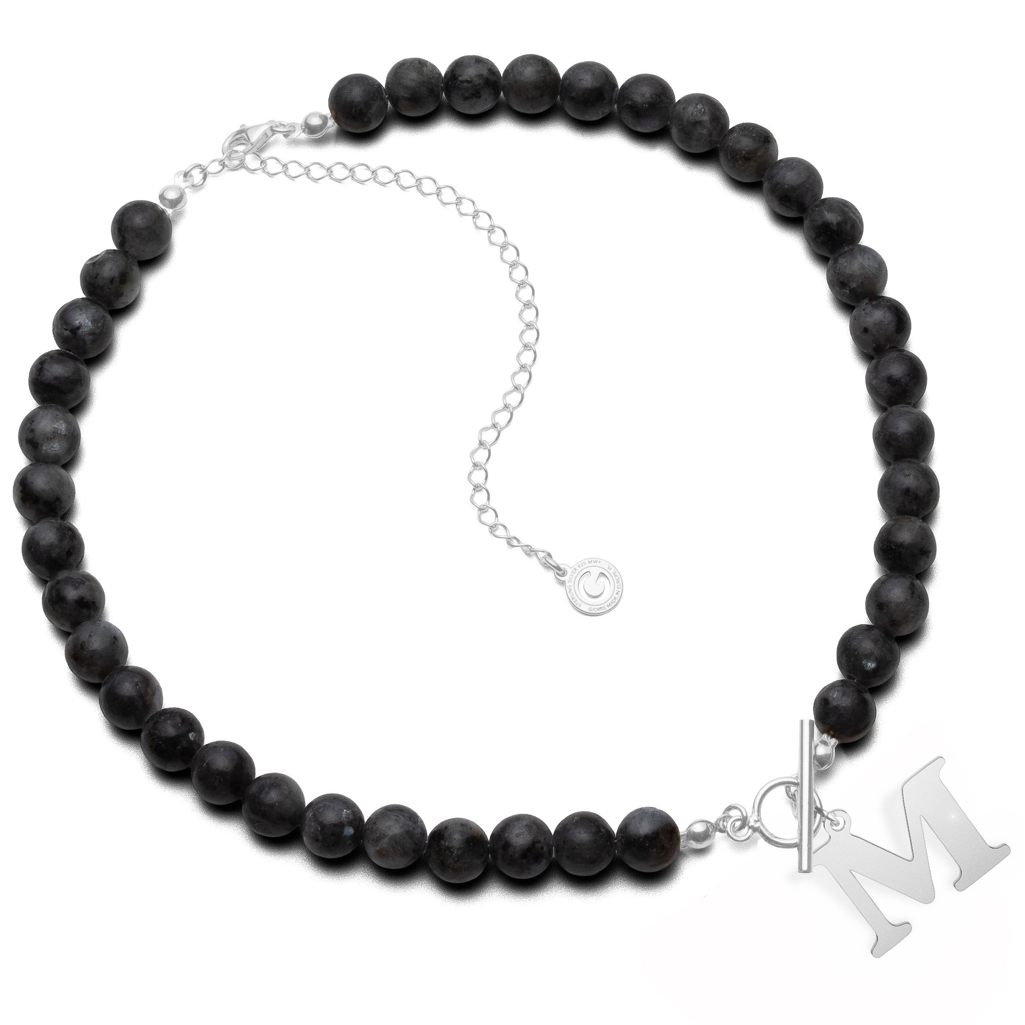 Black natural stones larvikit stones choker with letter, Silver 925