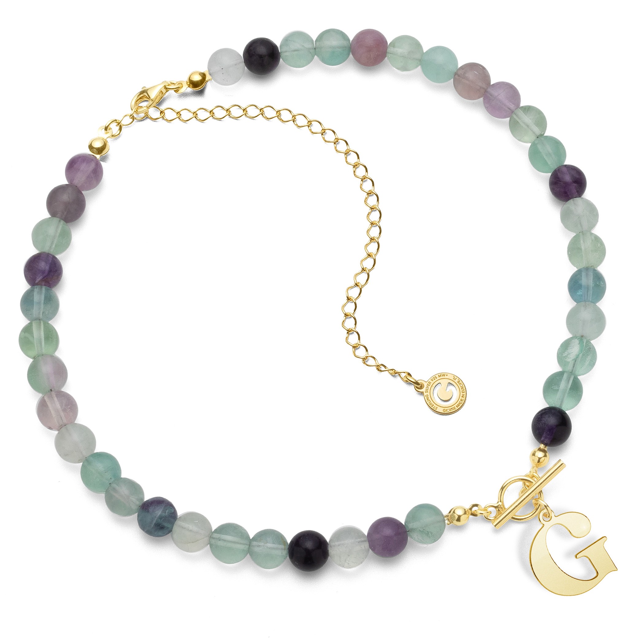 Choker, natural stones fluorite with letter, Silver 925