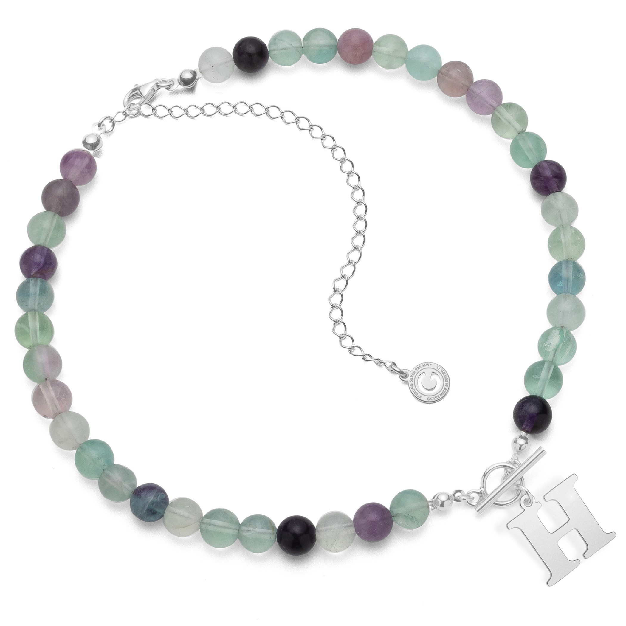 Choker, natural stones fluorite with letter, Silver 925