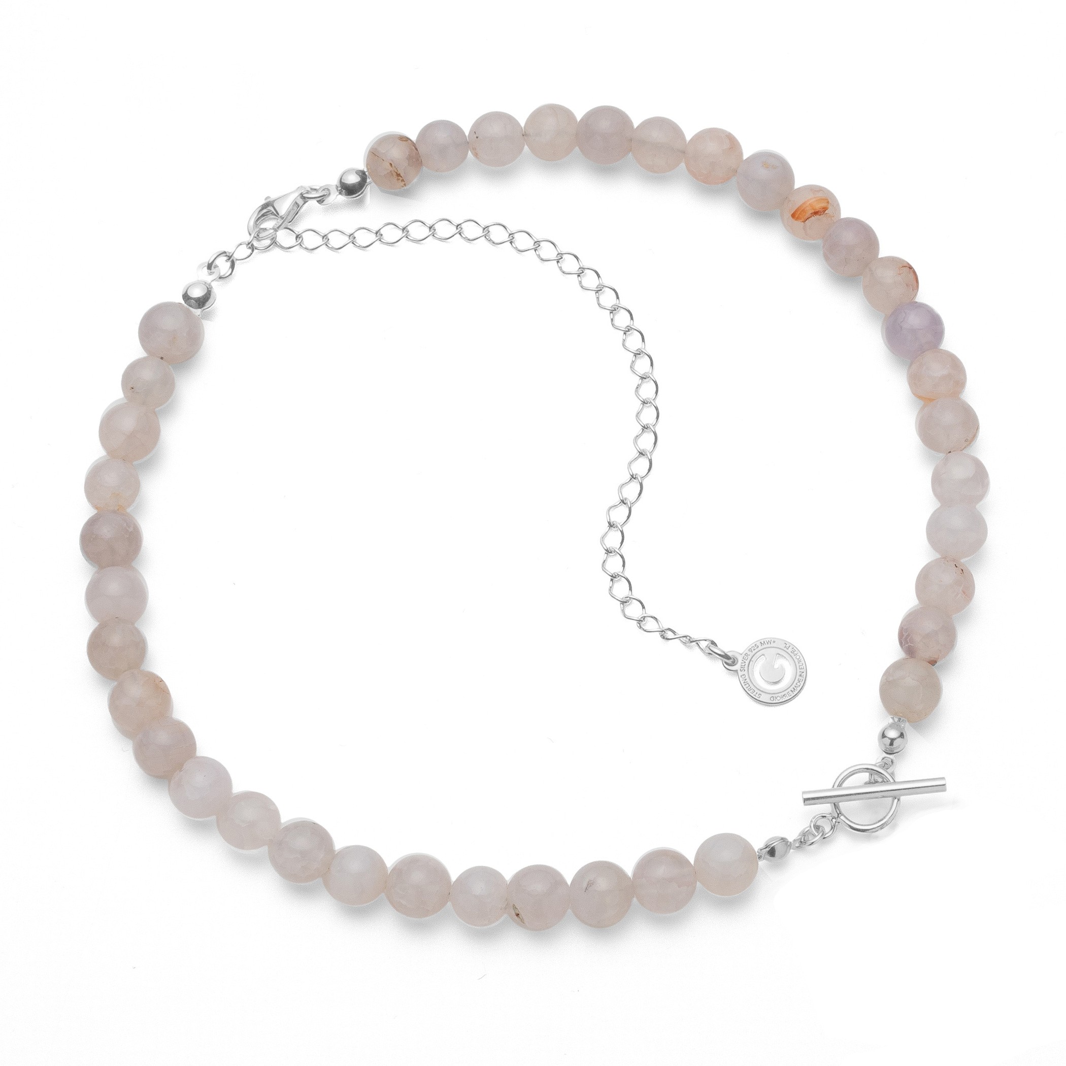 Choker with white natural stones agate, charms base, Silver 925