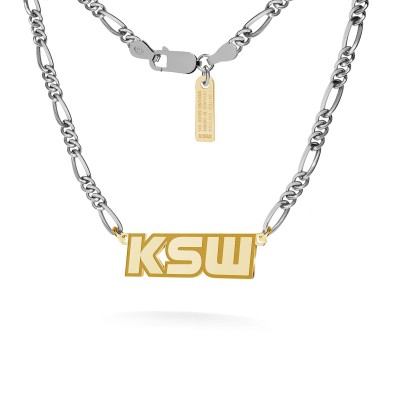 Silver pendant necklace, KSW logo, figaro chain, silver 925