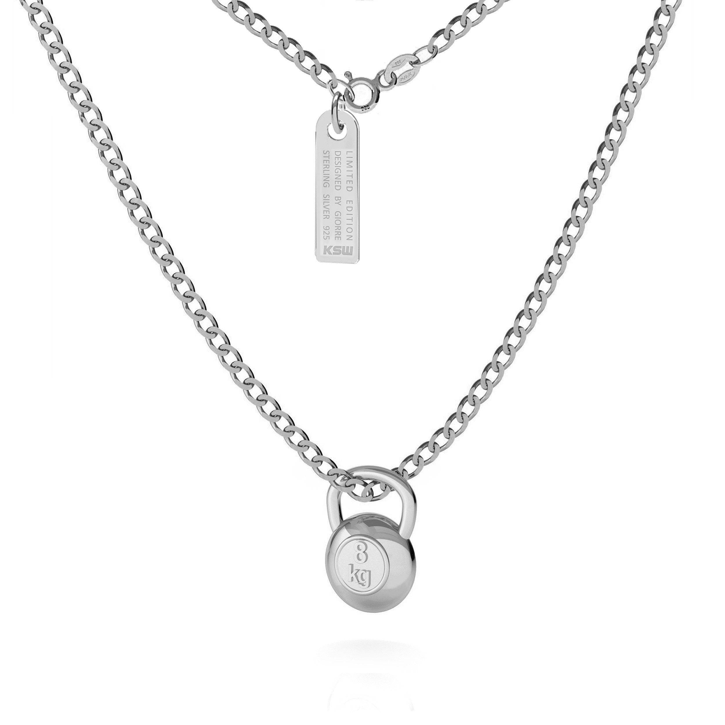 Necklace with kettlebell pendant, curb chain, silver 925