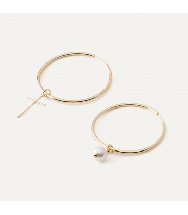 Big, asymmetric hoop earrings - pearl and cross, silver 925