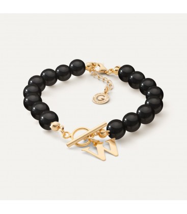 Black pearls bracelet with letter, silver 925