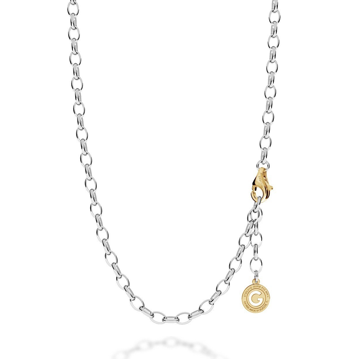 Sterling silver necklace 55-65 cm light rhodium, yellow gold clasp, link 7x5 mm