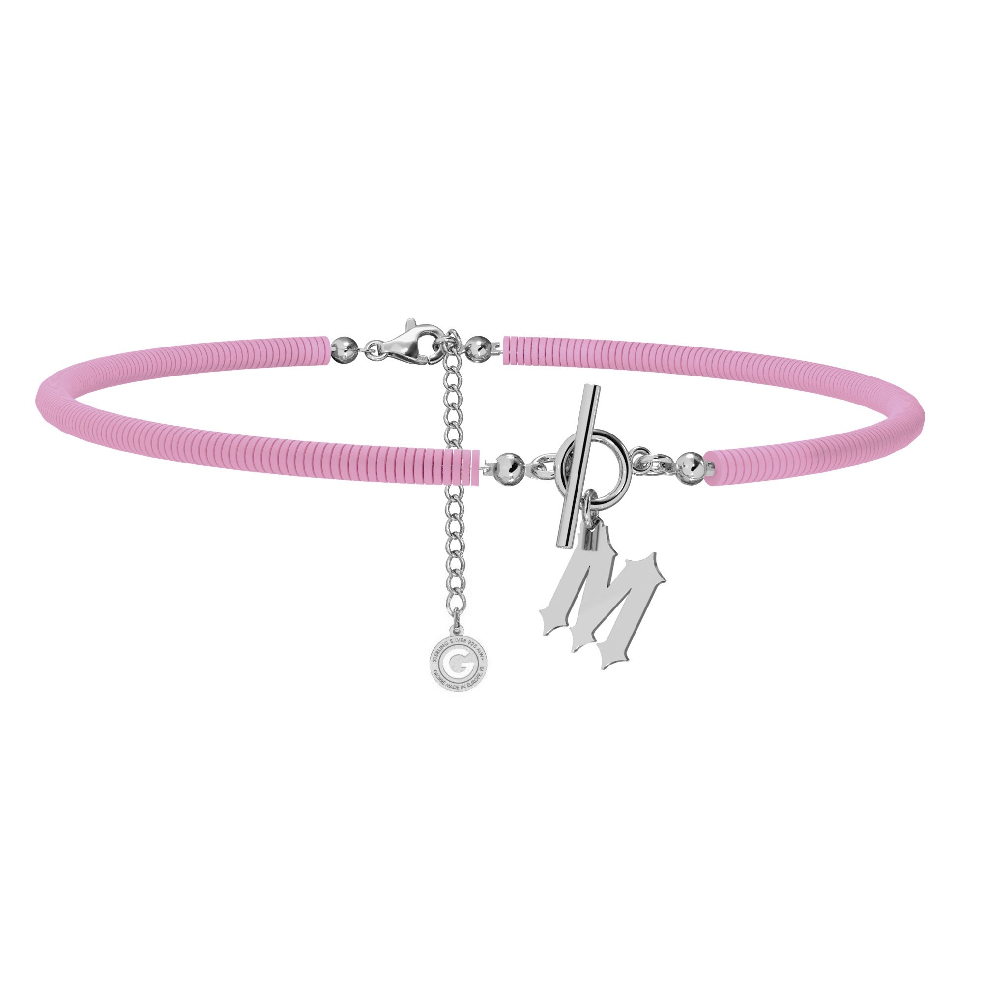 Pink clay choker with your letter, T°ra'vel'' , Silver 925