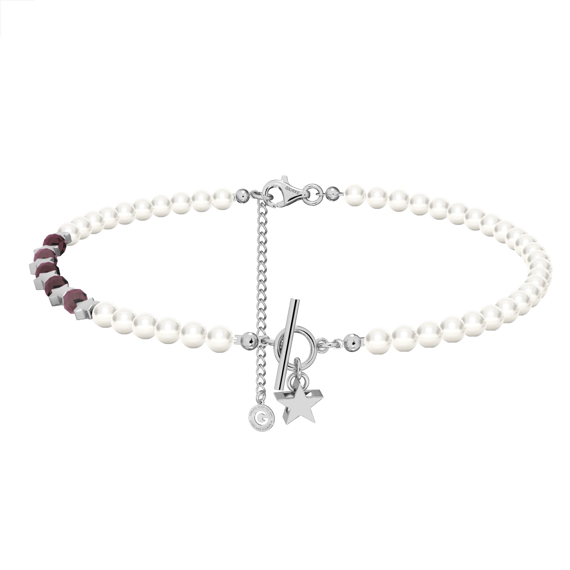 Ruby pearl choker with stars, sterling silver 925