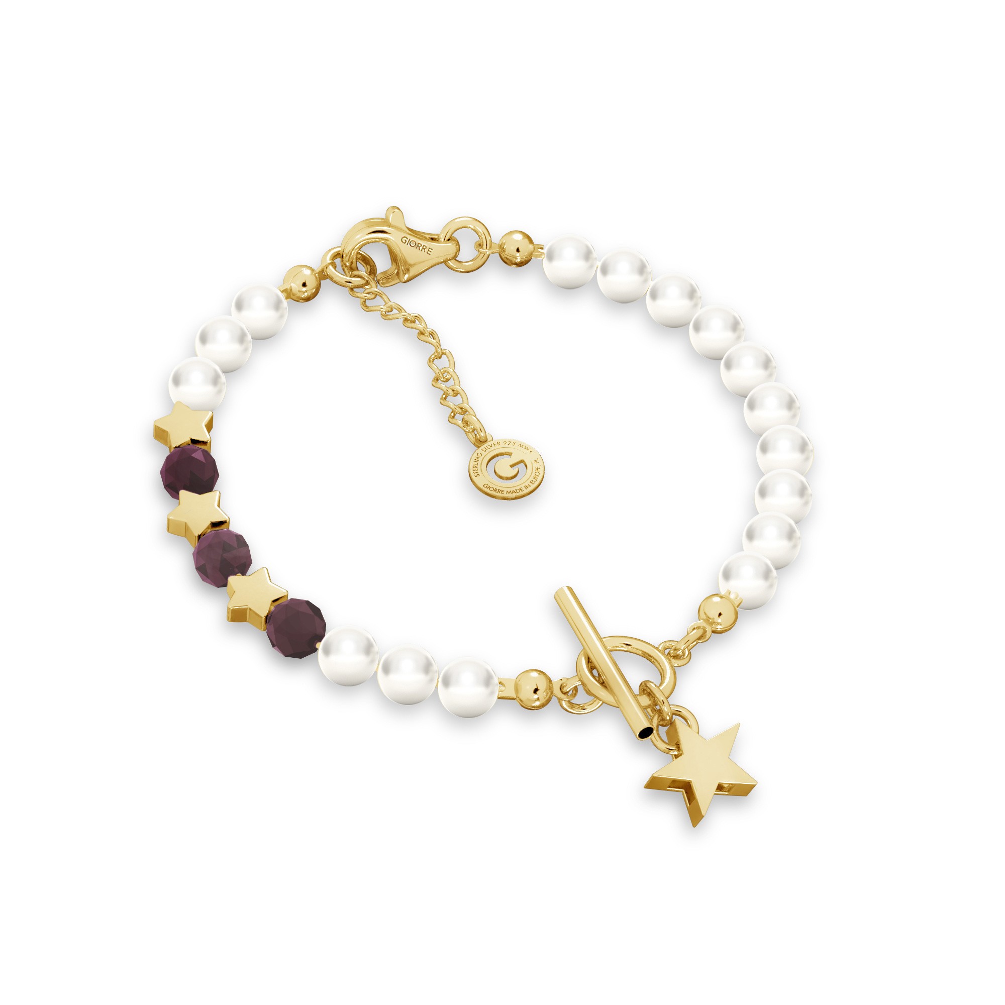Ruby pearl bracelet with stars, sterling silver 925