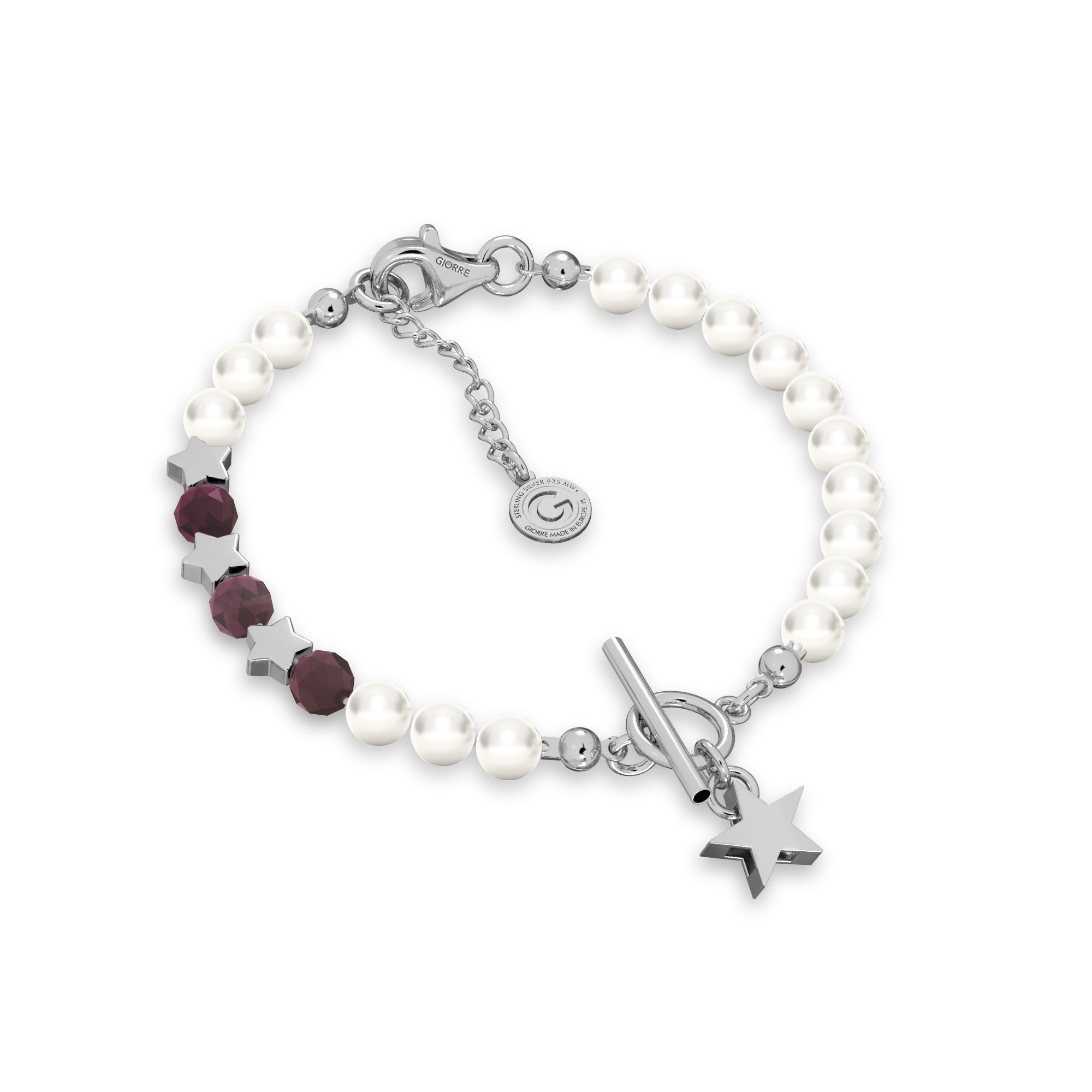 Rubinowa bransoletka z perłami i gwiazdkami, srebro 925