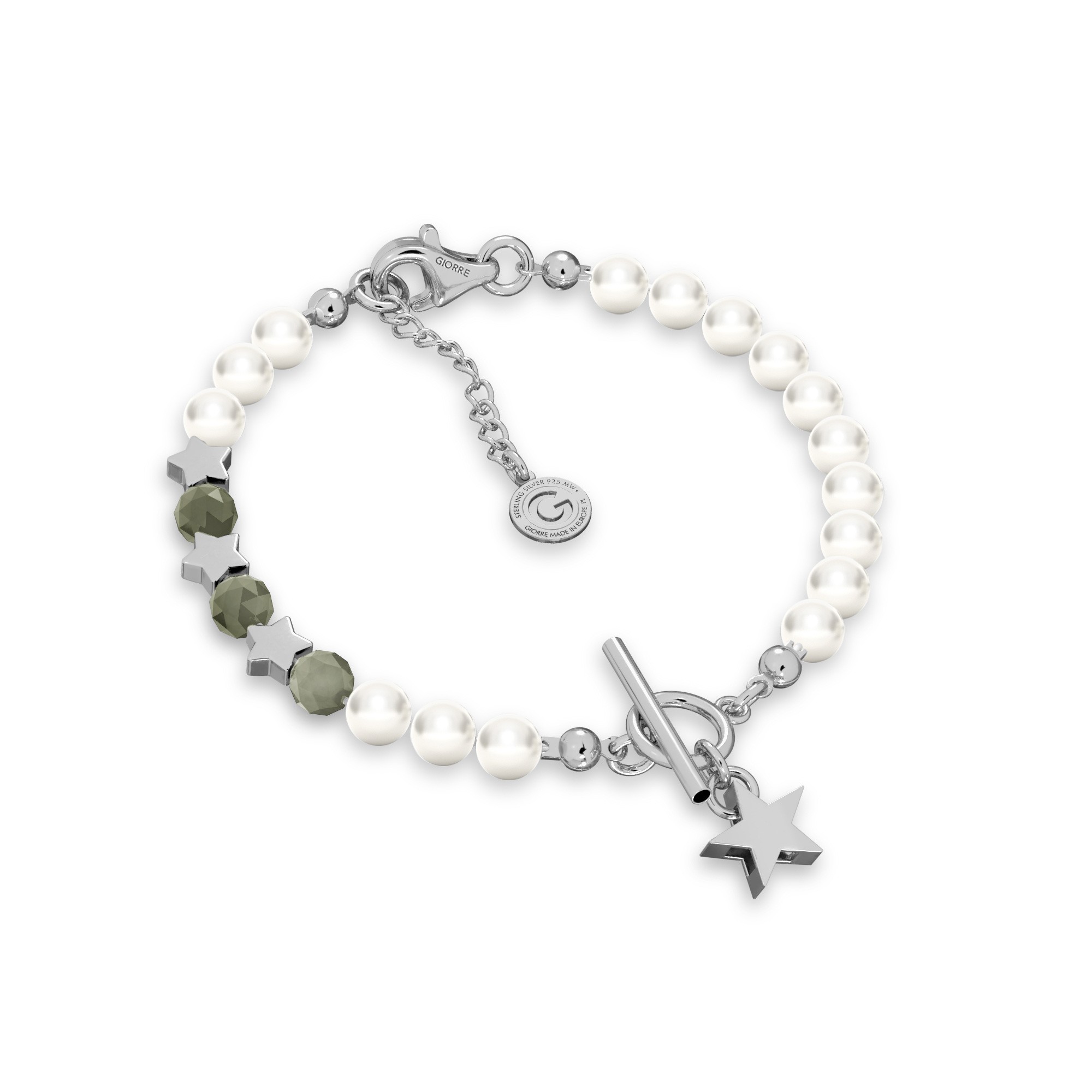 Emerald pearl bracelet with stars, sterling silver 925