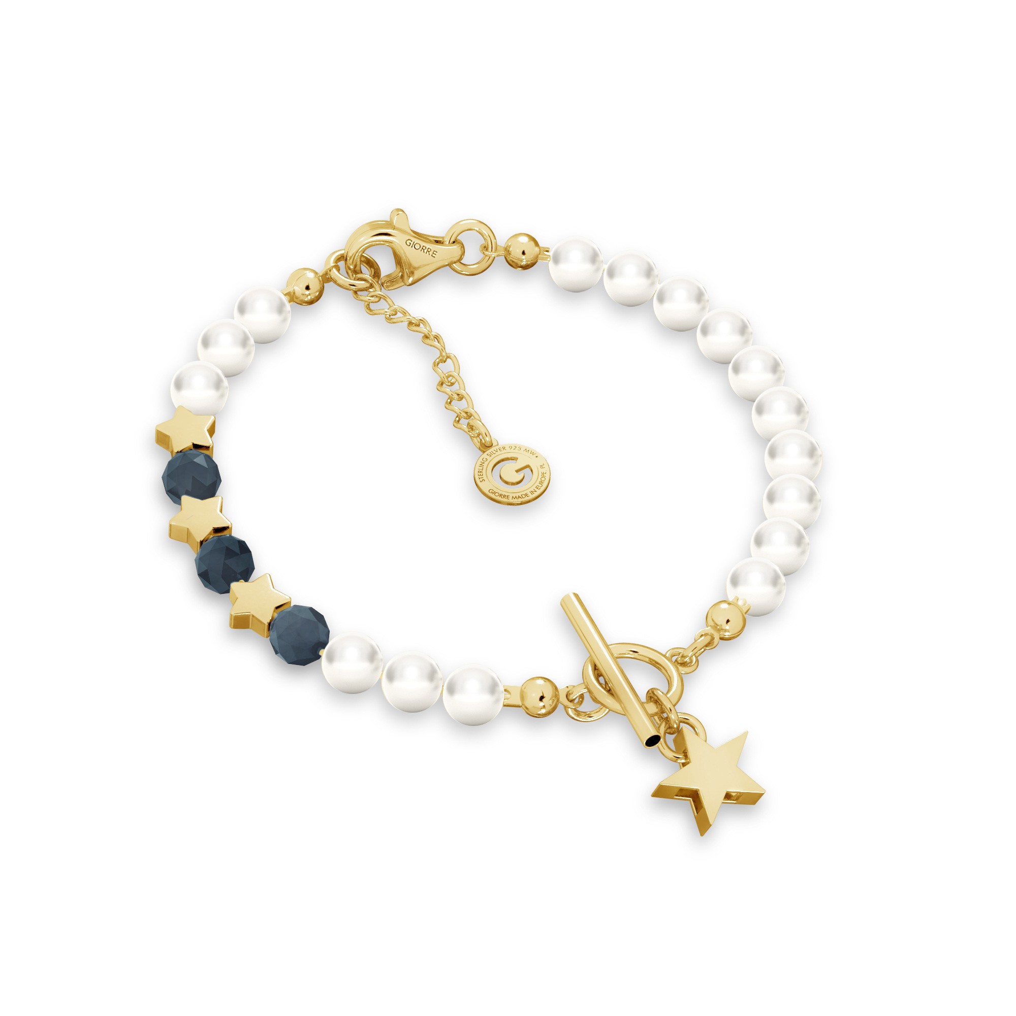 Sapphire pearl bracelet with stars, sterling silver 925
