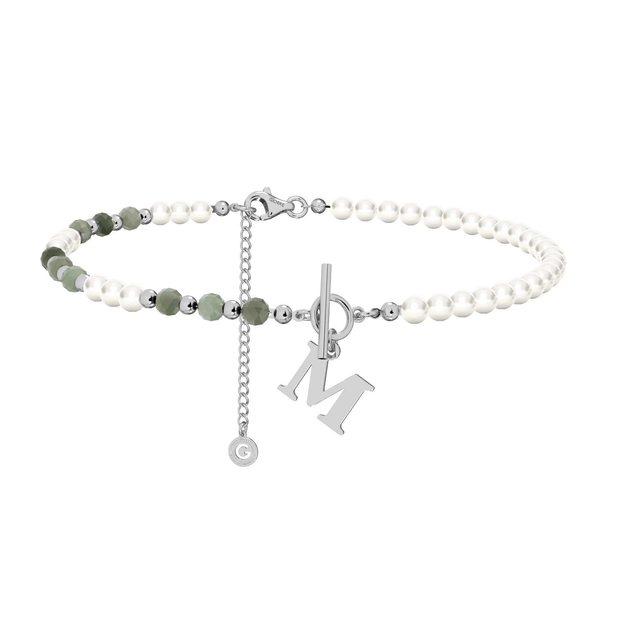 Emerald pearl choker with your letter, sterling silver 925