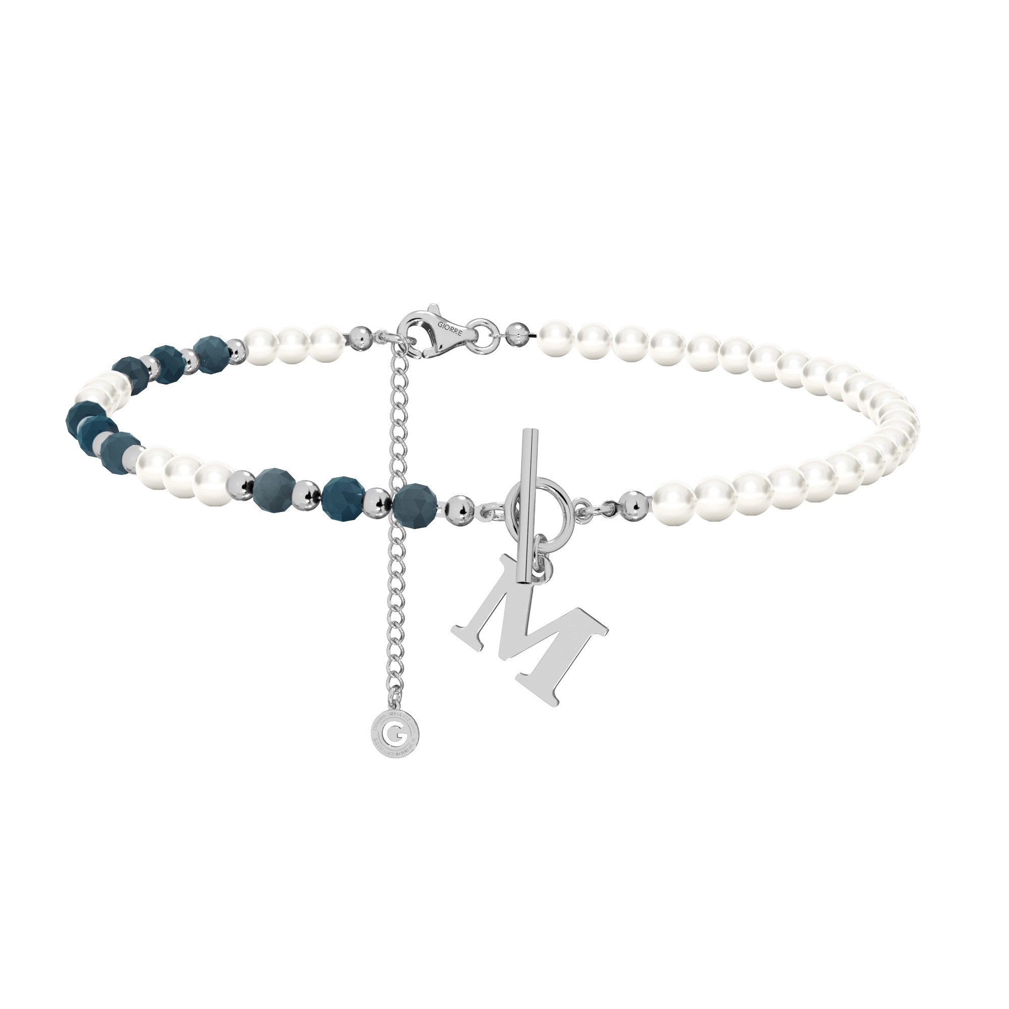 Sapphire pearl choker with your letter, sterling silver 925