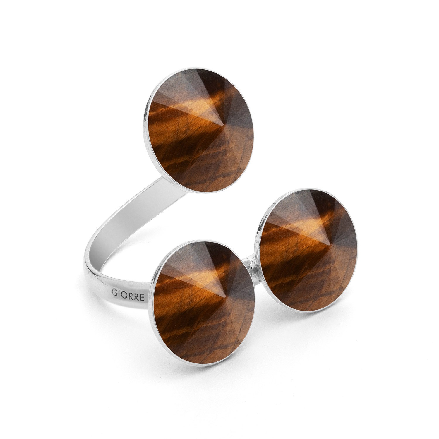 Universal ring with three round natural stones, tiger eye, 925