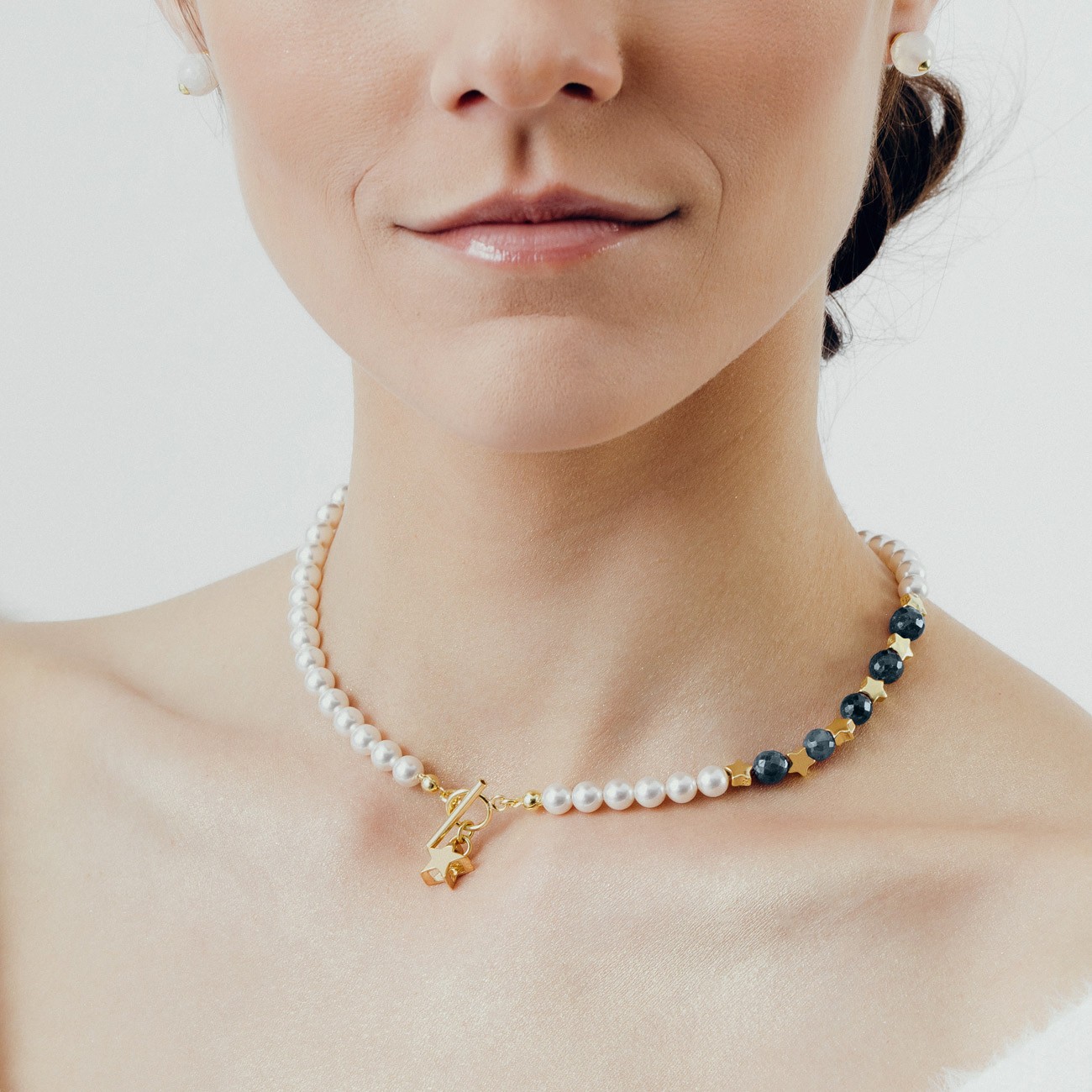 Saphir perlen halskette mit sternen sterling silber 925