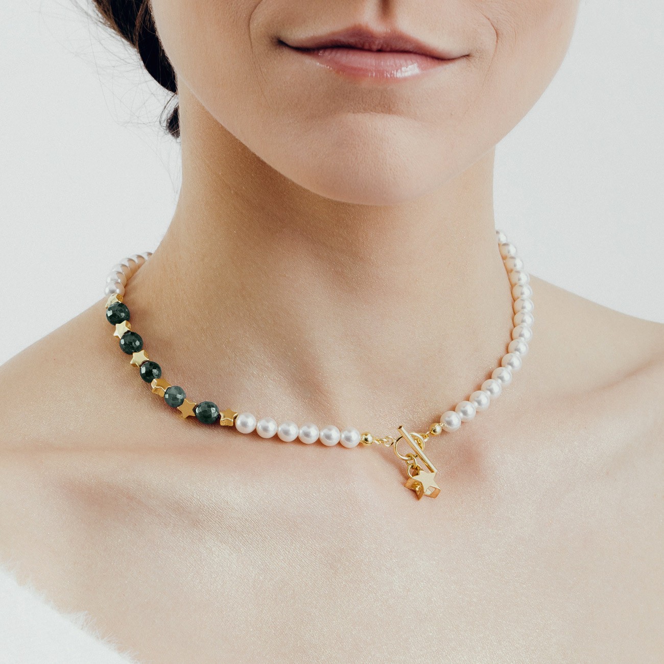 Emerald pearl choker with stars, sterling silver 925