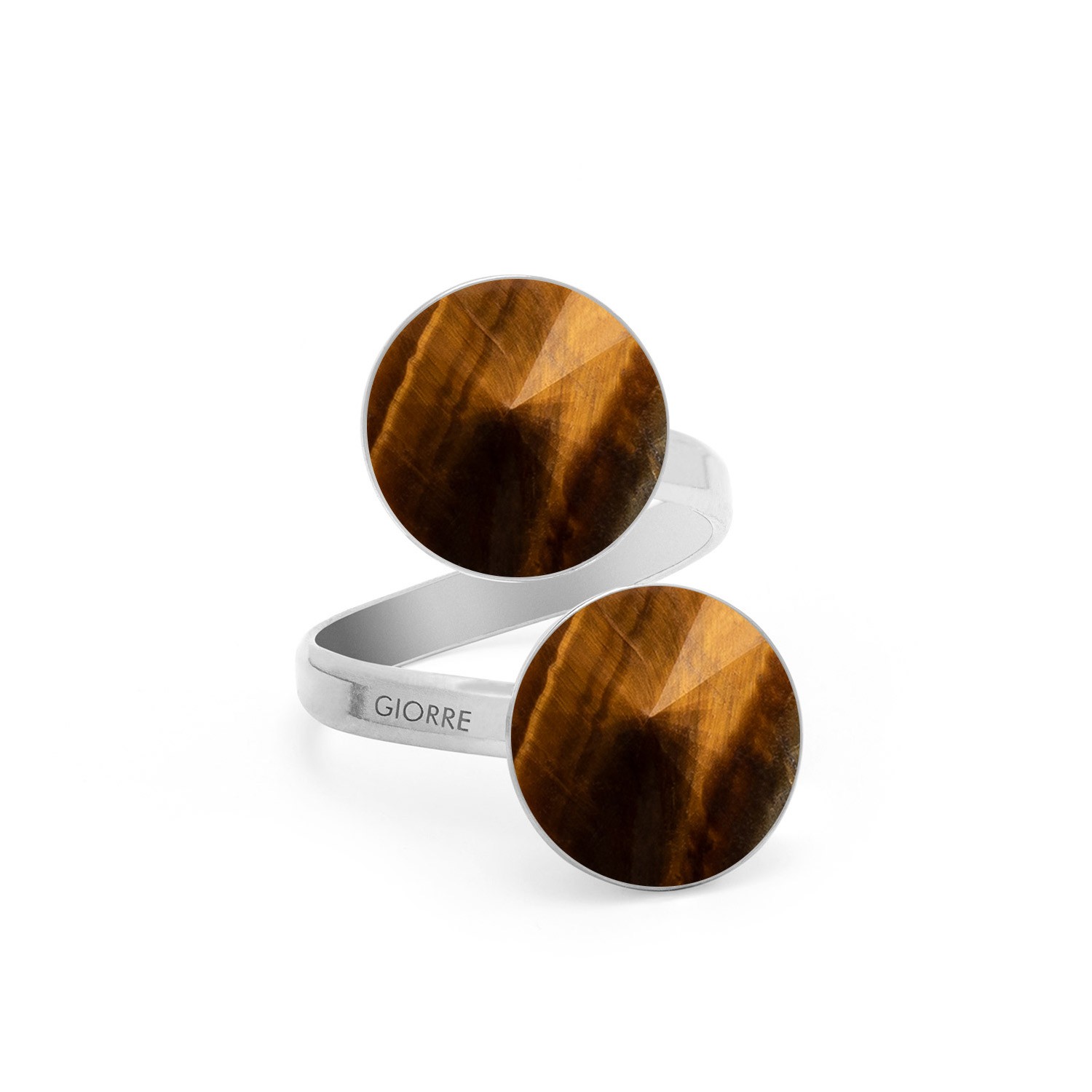 Universal ring with two round natural stones, tiger eye, 925