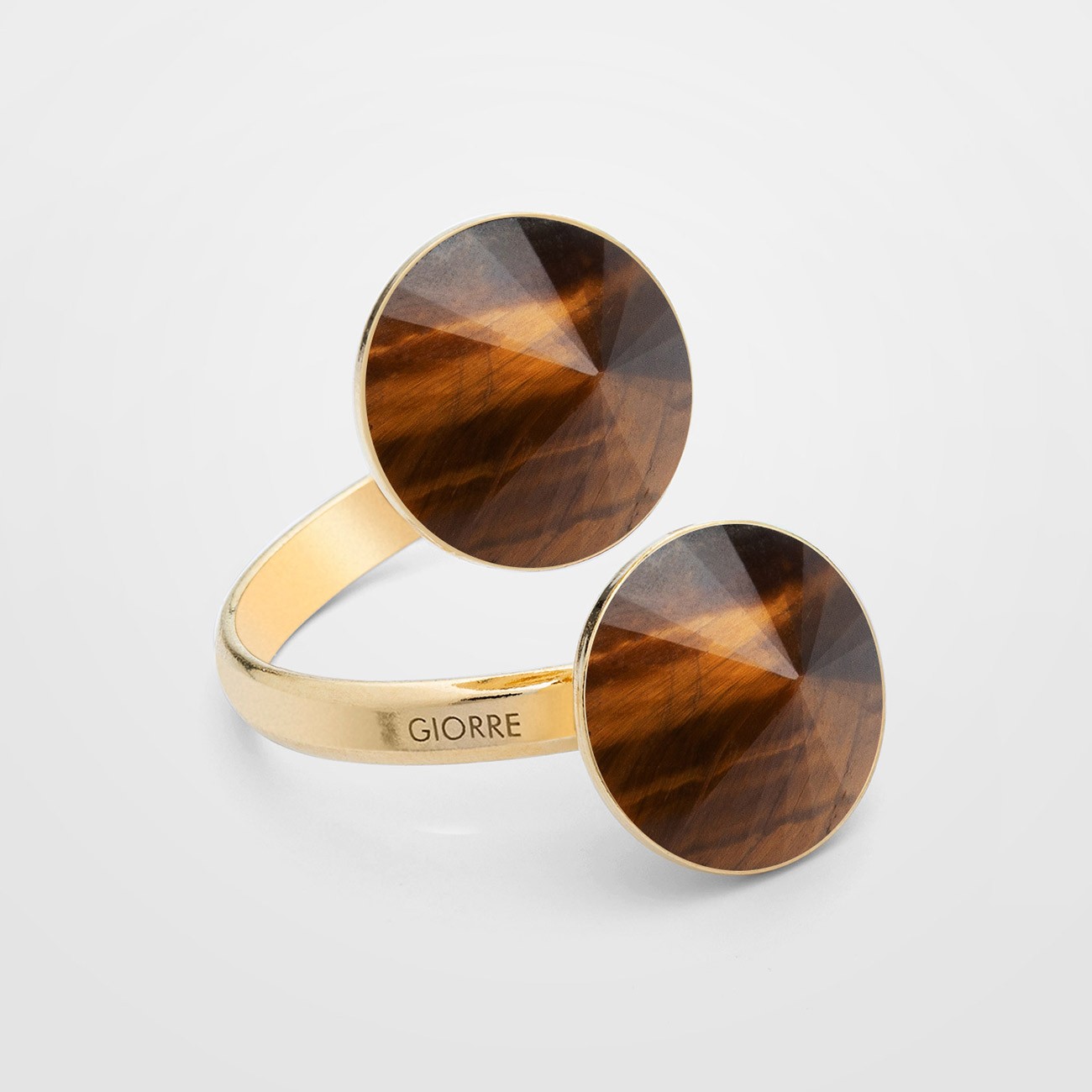 Universal ring with two round natural stones, tiger eye, 925