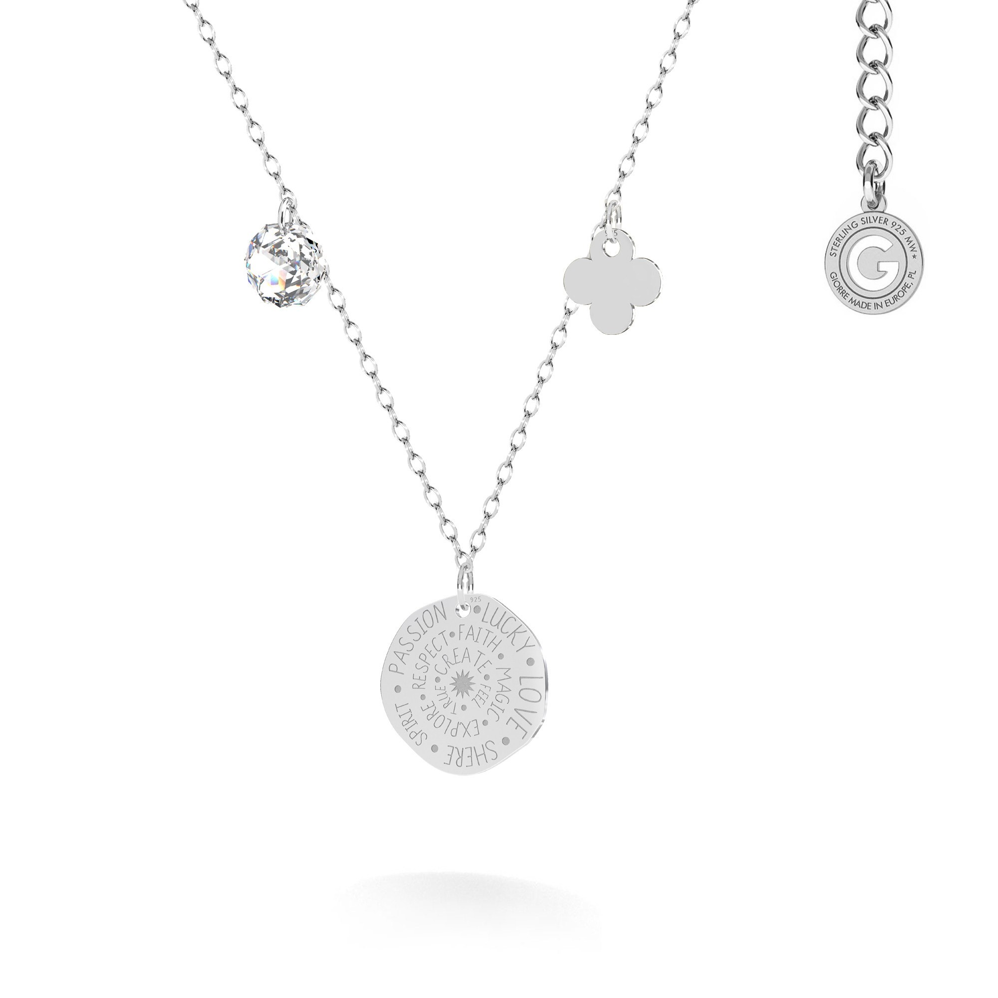 Naszyjnik szczęścia - moneta, koniczynka, kryształ Swarovskiego T°ra'vel'' , srebro 925