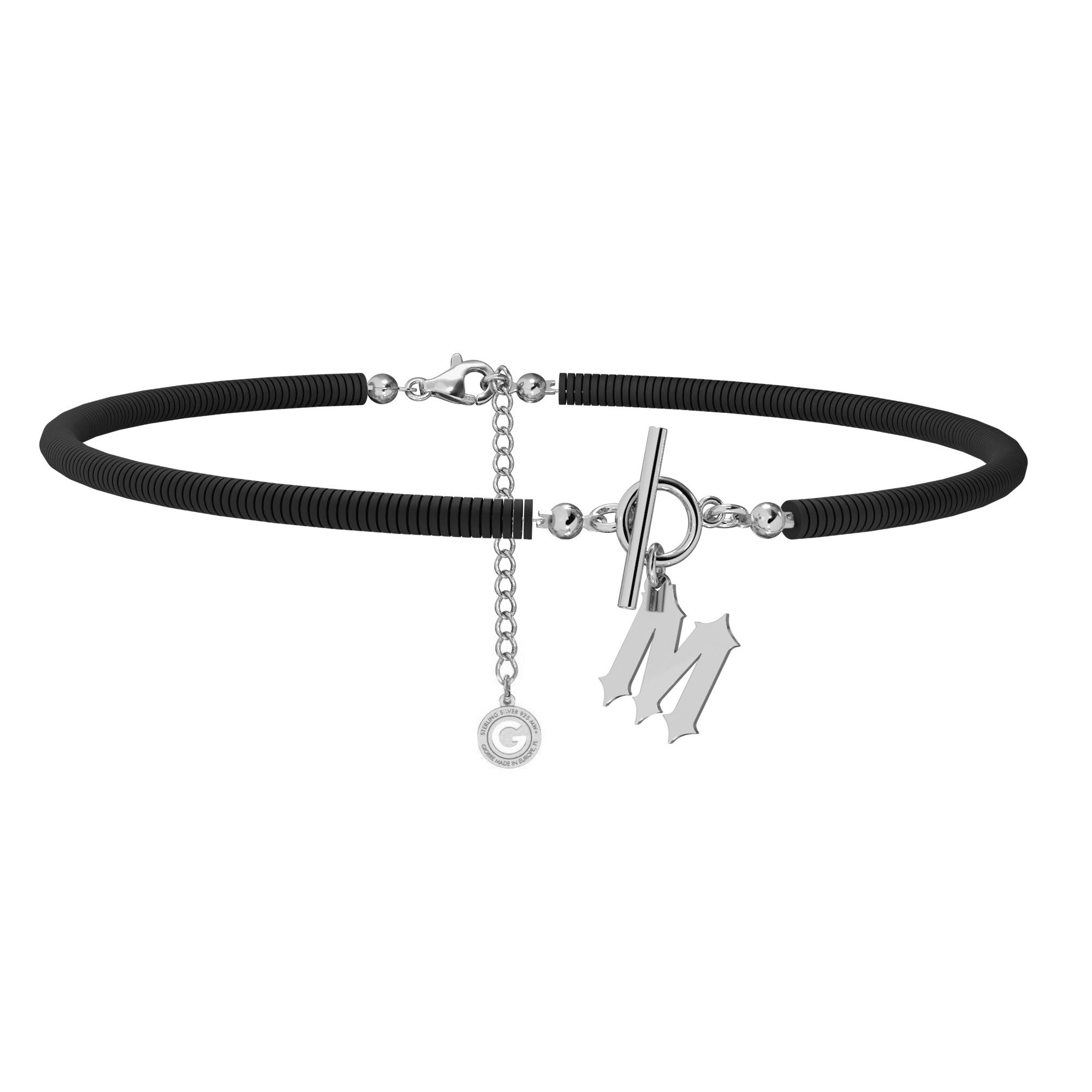 Black polymer clay choker with your letter, T°ra'vel'' , Silver 925