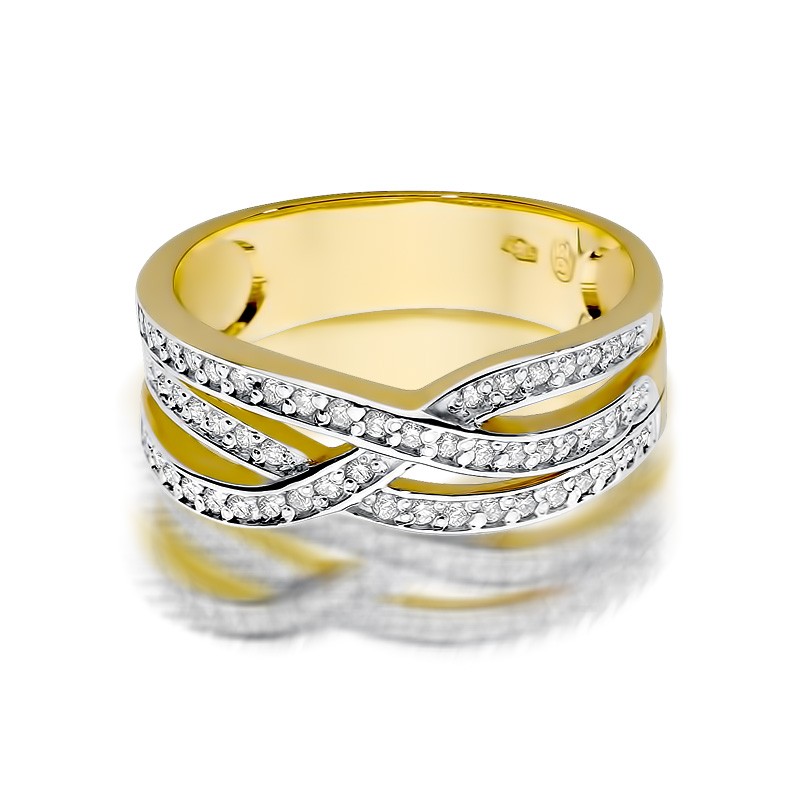 Złoty pleciony pierścionek z brylantami