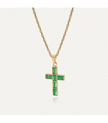 Cross necklace with stones - green jade, silver 925