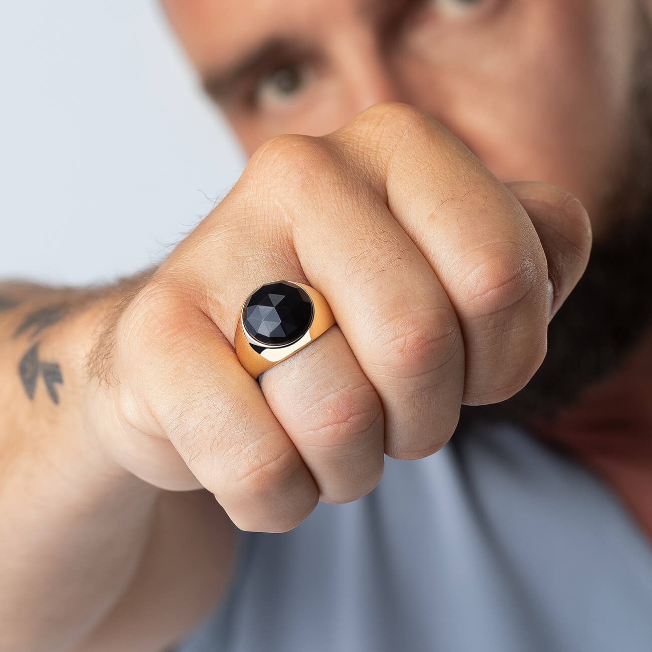 Male signet ring with black crystal