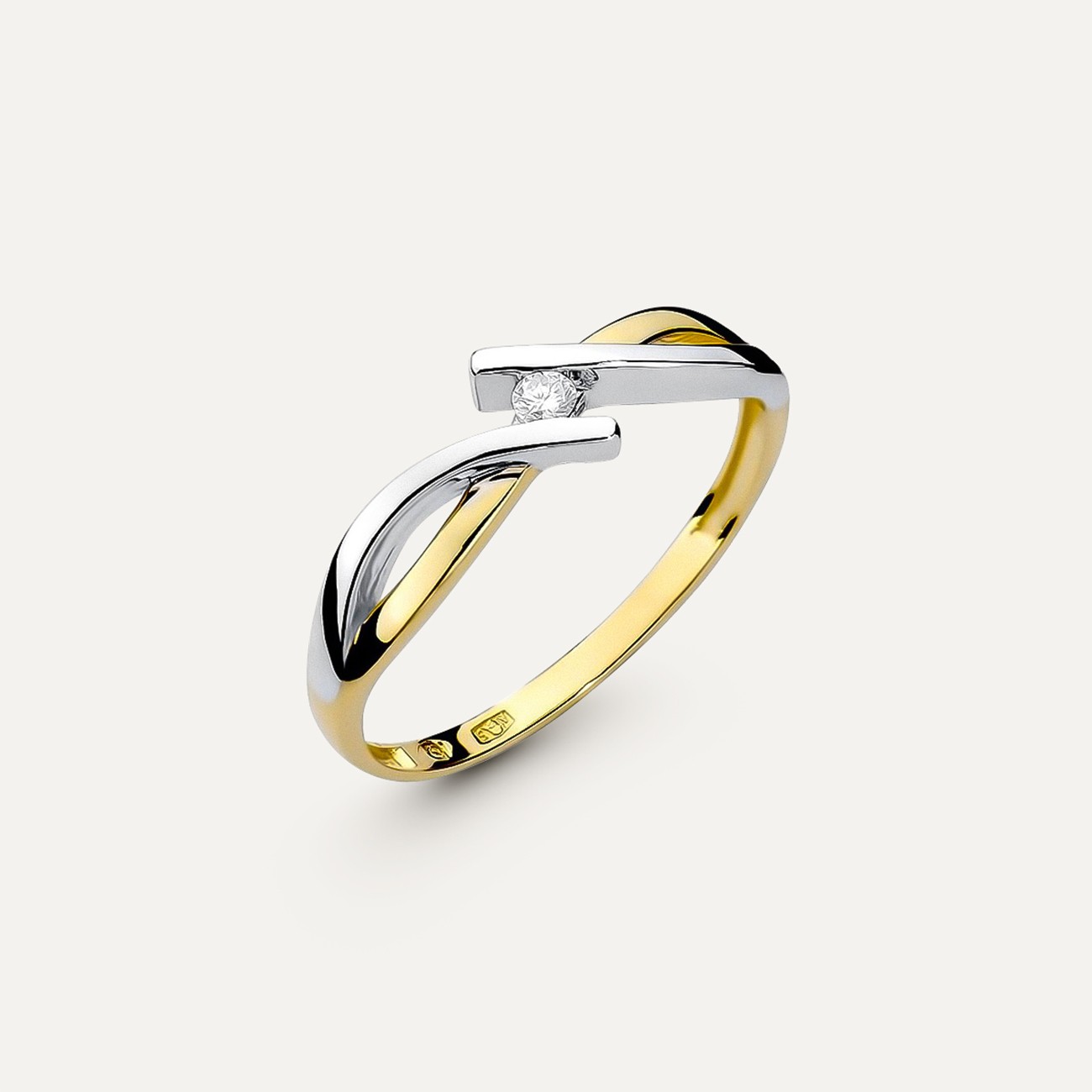 Pierścionek zaręczynowy białe i żółte złoto z brylantem 0,04 ct Klasyka