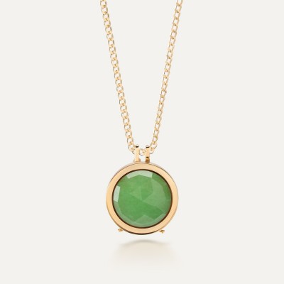 Locket pendant necklace, engraved & foto, green natural stone, sterling silver 925