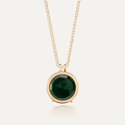 Locket pendant necklace, engraved & foto, dark green natural stone, sterling silver 925