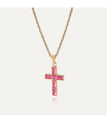 Silver chain with a cross - pink jade