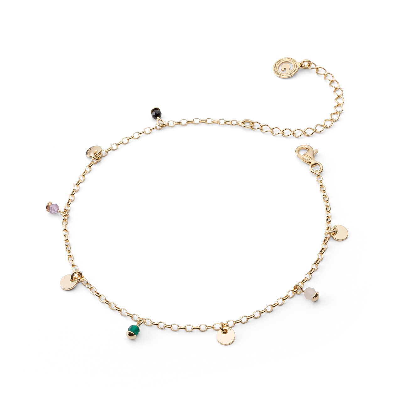 An ankle bracelet with plaques and colored stones, sterling silver 925