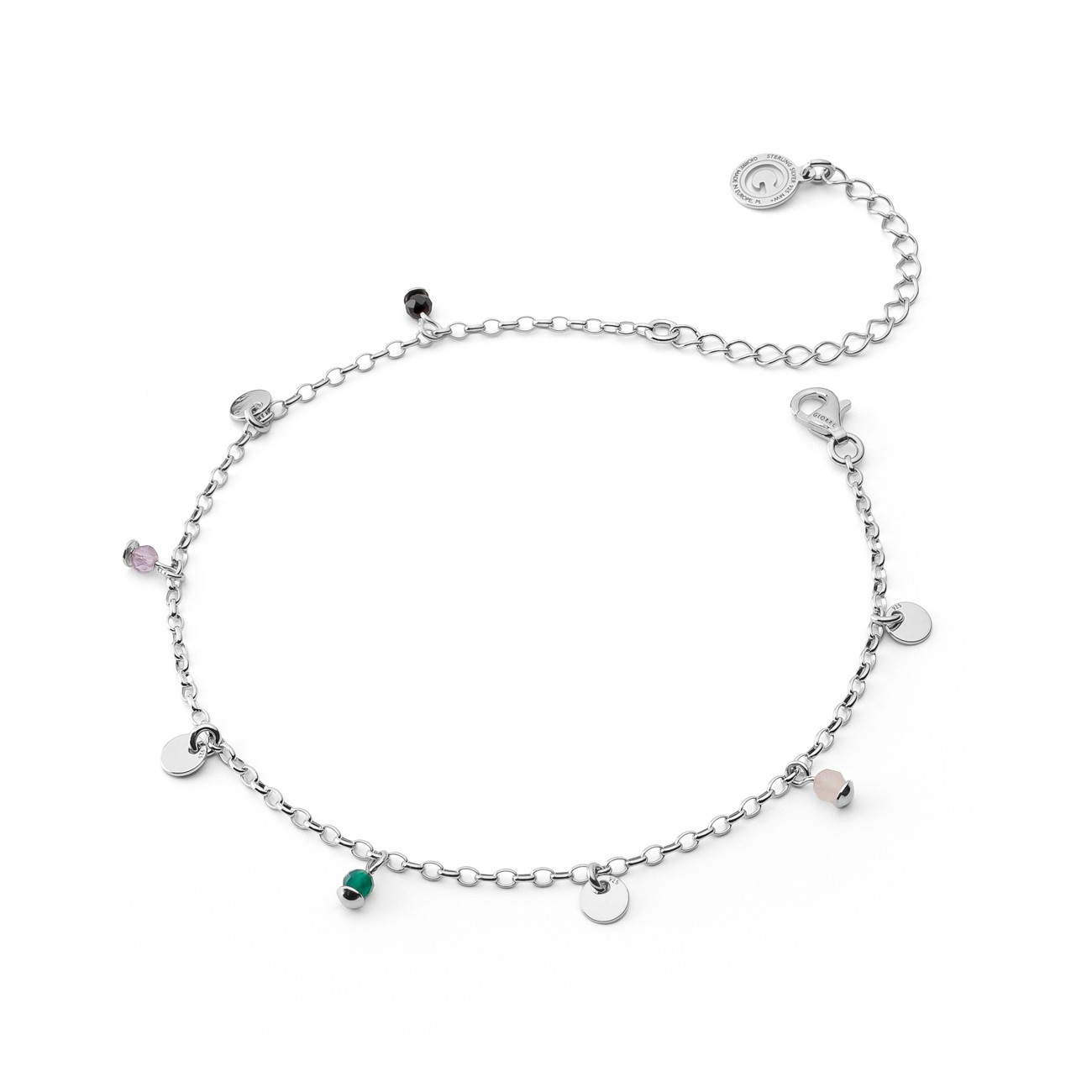 An ankle bracelet with plaques and colored stones, sterling silver 925