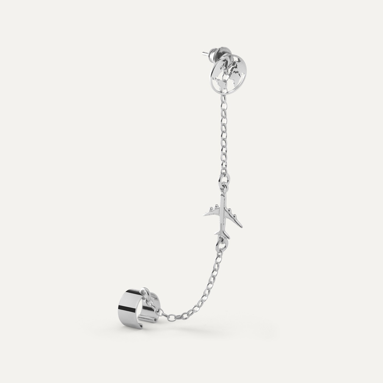 Chain Ear cuff - plane and globe, sterling silver 925